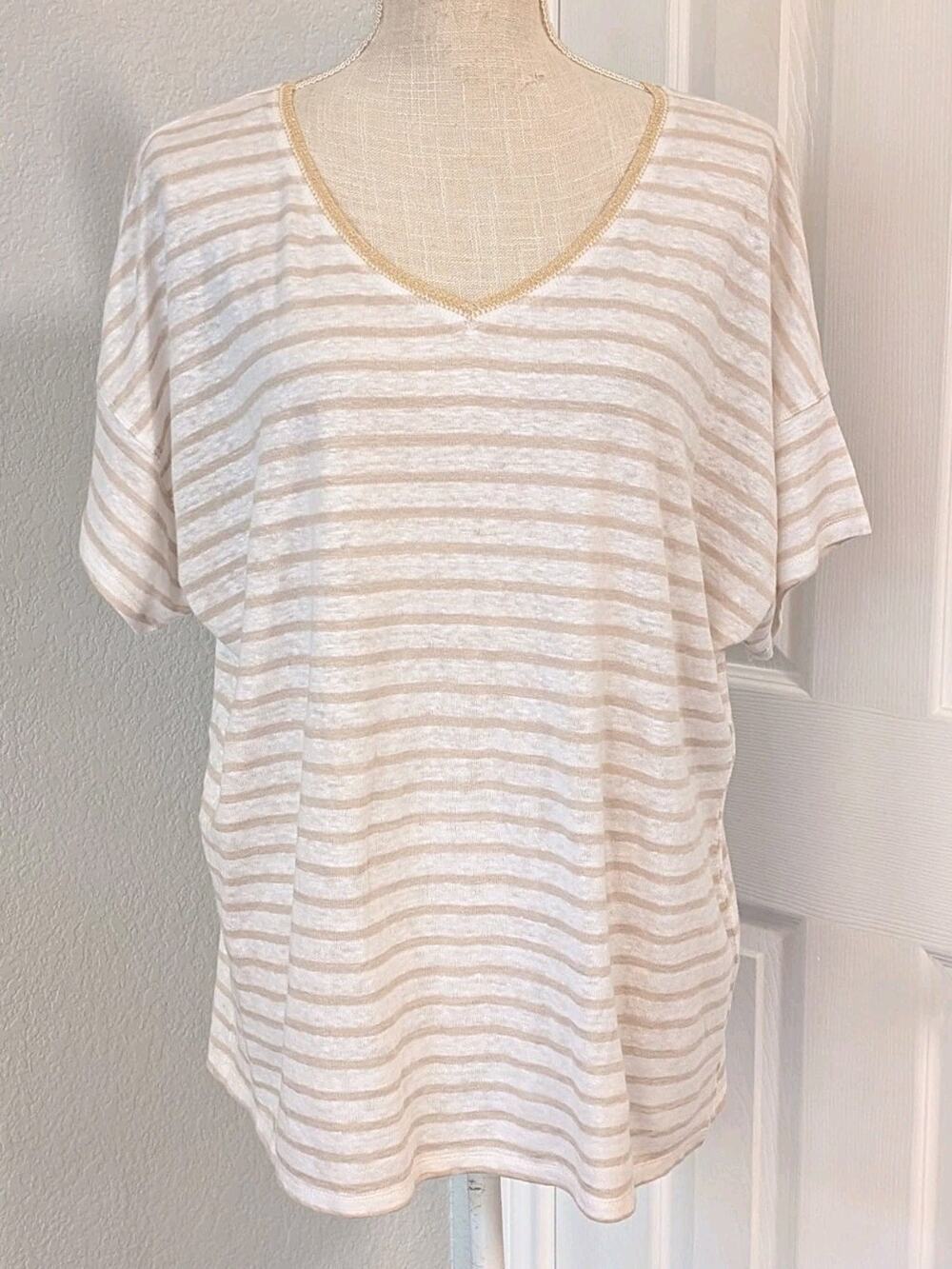 NWT Chicos Linen Trim Stitch Tee V Neck Womens Sz L Beachy Coastal